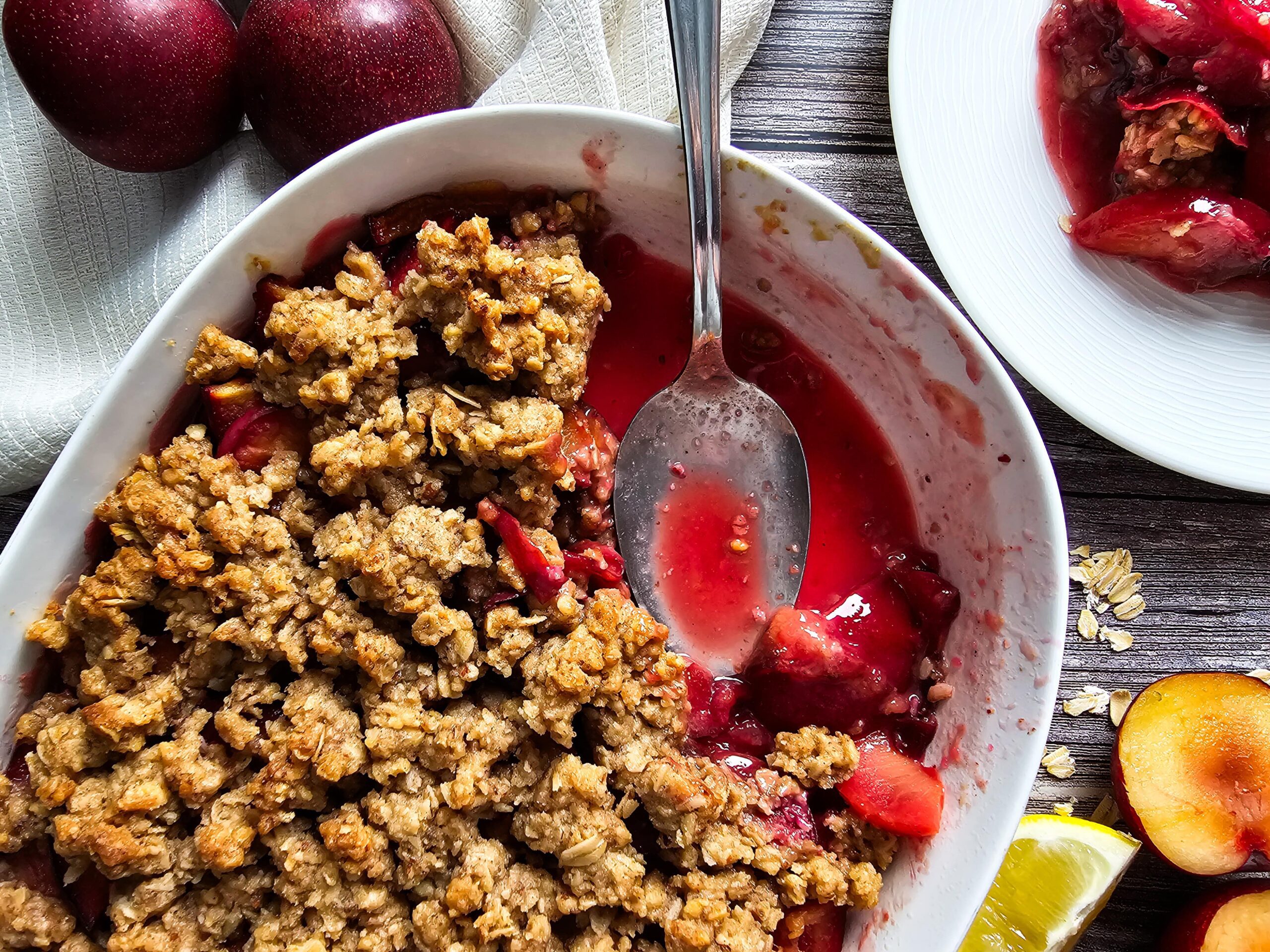 Sweet & Crunchy Plum Crisp with Oats and Vanilla Ice Cream